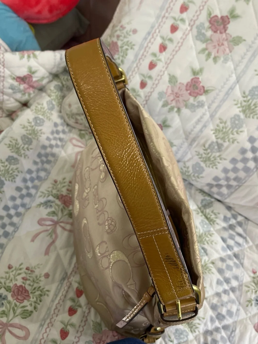 Coach Beige Signature Jacquard Shoulder Bag with metallic purple butterflies